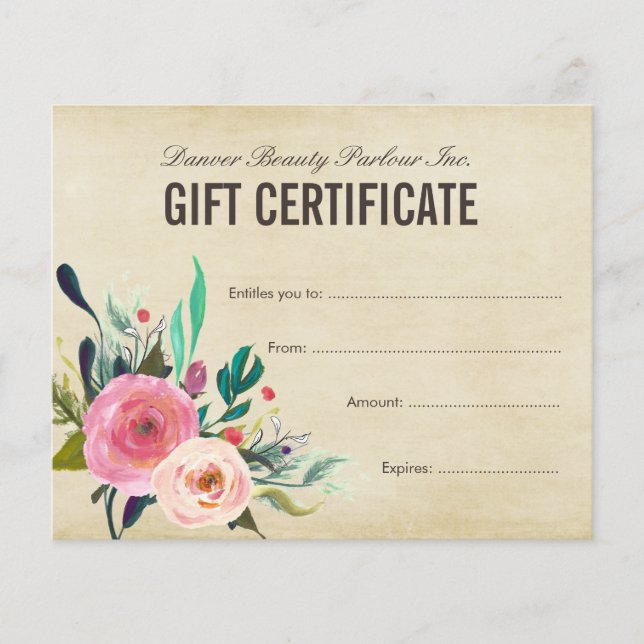Certificado de Presente de Salão de Beleza Floral  (Frente)