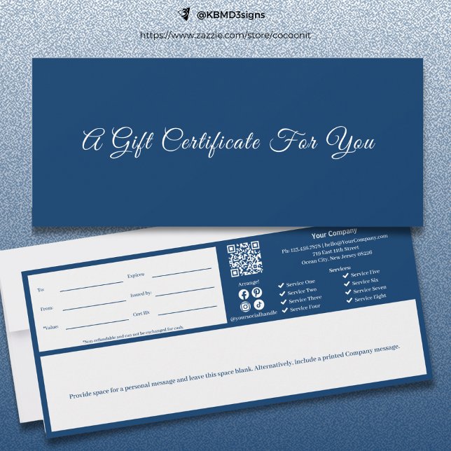 Certificado de Presente de Script Branco Azul Sofi (Sophisticated Blue White Script Gift Certificate)