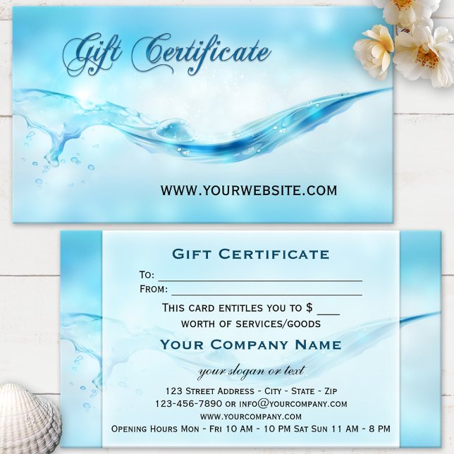 Certificado de Presente de Spa de Lixeira (Elegant blue turquoise water splash gift certificate with subtle sparkling bokeh effects)