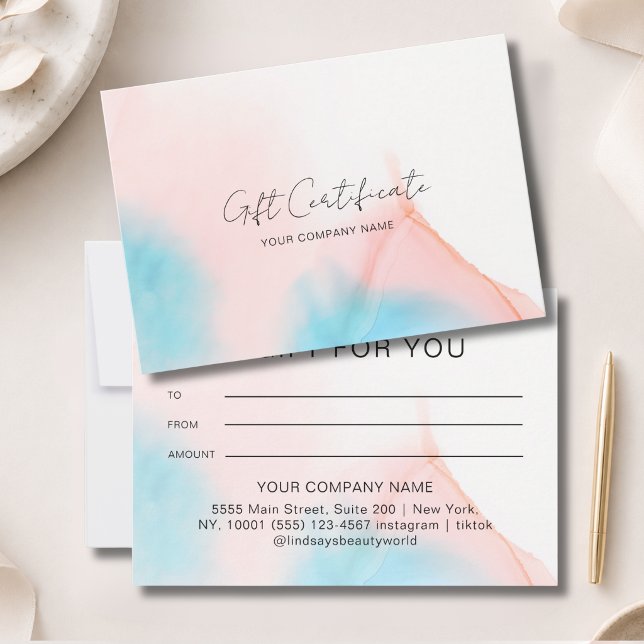 Certificado de Presente de Tinta em Aquarela (Watercolor Ink Gift Certficate Blue Beige Pink)
