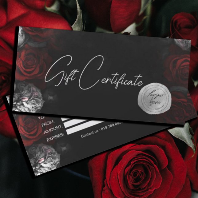 Certificado de Presente do Logotipo Preto e Moody  (#zazzlemade #darkmoody #redflowers #redandblack #giftcard #promotionalcard #addlogo #profissionallog)