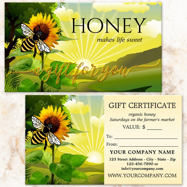 Certificado de Presente do Mercado de Mel da Abelh (Gift certificate featuring an artistic illustration with sunflower and honey bee on fresh greenery)