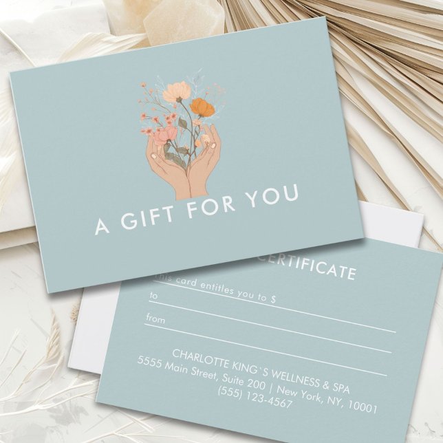 Certificado de Presente do Salão de Flores Celesti (Hands Holding Flowers, Boho, Watercolor Illustration Soft Blue Custom Business Gift Certificate. )