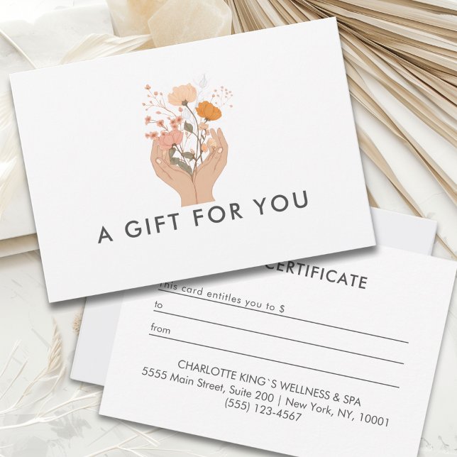 Certificado de Presente do Salão Floral Celestial (Hands Holding Flowers, Boho, Watercolor Illustration White Custom Business Gift Certificate. )