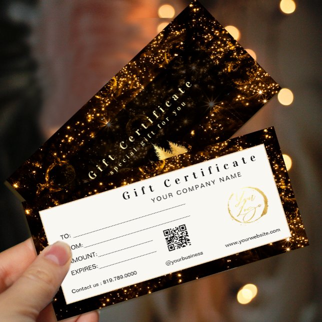 Certificado de Presente Dourado e Preto Elegante (Elegant Black and Gold Gift Certificate Cards #christmas #newyear #jounery #wintergiftcard #chick)