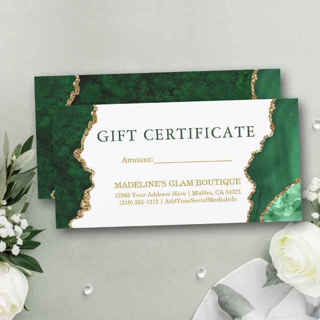Certificado de Presente Dourado Verde Marble com C (Customize to change text color, text style or to add text to back of card.)