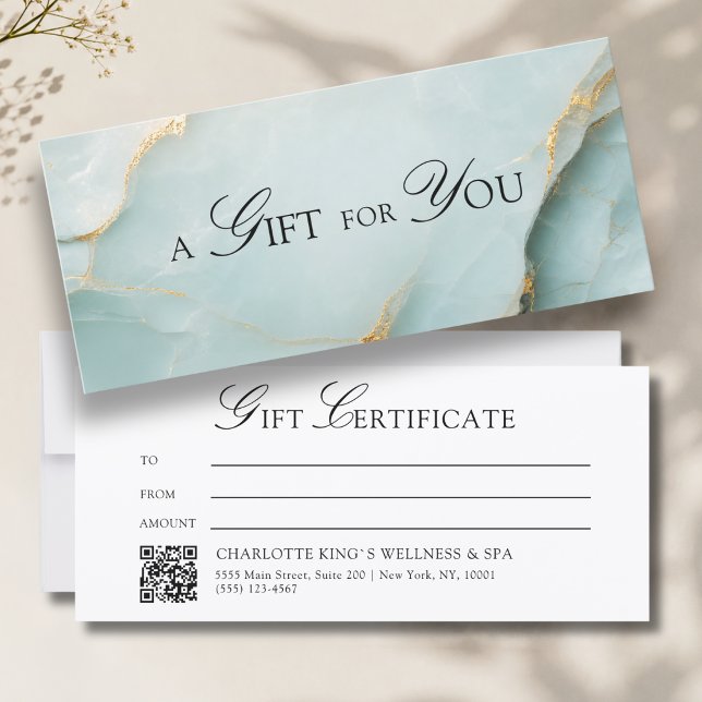 Certificado de Presente Elegante Código QR em Márm (A Gift for You! Blue Gold Marble QR Code Gift Certificate)