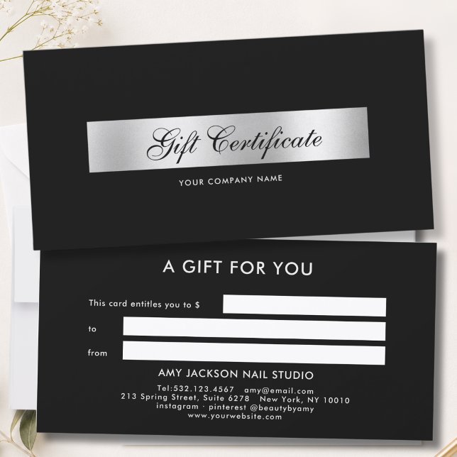 Certificado de Presente Elegante Faixa Prata Preta (Elegant Black Silver Stripe Gift Certificate)