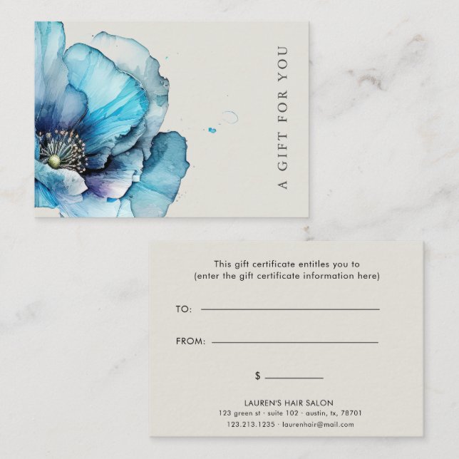 Certificado de Presente Elegante Floral Blue Poppy (Frente/Verso)