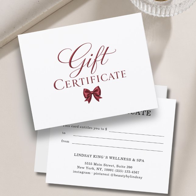 Certificado de Presente Elegante Laço Branco Verme (Elegant Bow White Red Gift Certificate)