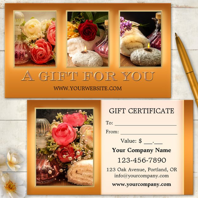 Certificado de Presente Elegante Ouro para suas Fo (Gift certificate portfolio business card in warm gold. Great for a boutique or gift shop/retailer)