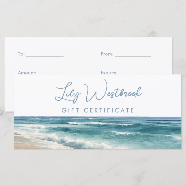 Certificado de Presente Elegante Praia Oceano Aqua (Frente/Verso)