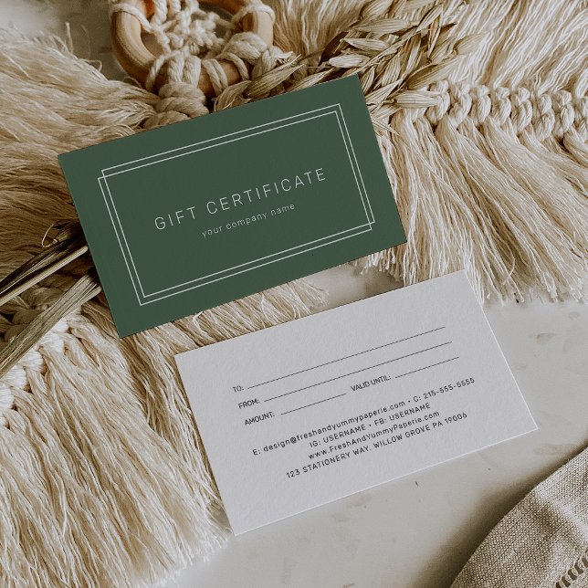Certificado de Presente Empresarial Avery Rústico  (AVERY Rustic Dark Green Business Gift Certificate)