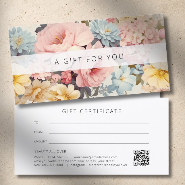 Certificado de Presente Empresarial Código QR Flor (Vintage Floral QR Code Business Gift Certificate)