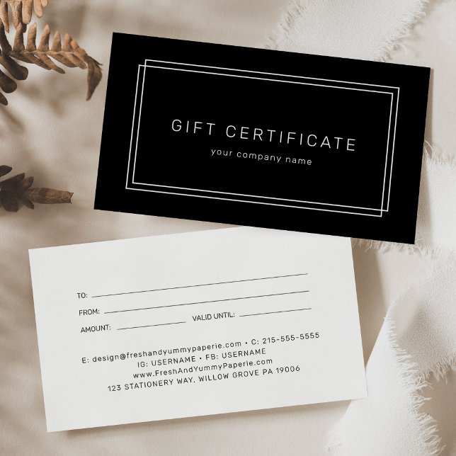 Certificado de Presente Empresarial Preto Moderno  (AVERY Modern Black Business Gift Certificate)