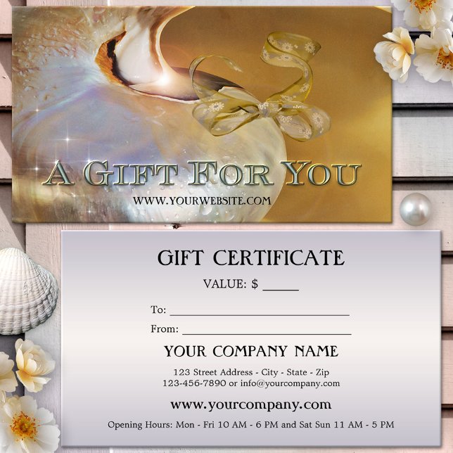 Certificado de Presente Festivo de Concha Elegante (Gift card featuring a shining shell with festive bow and sparkling lights - nautical - coastal)
