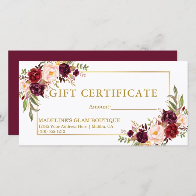 Certificado de Presente Floral em Aquarela Burgund (Frente/Verso)