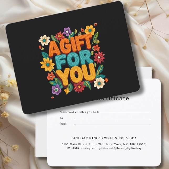 Certificado de Presente Floral Retro Preto (Retro Floral Black Gift Certificate)