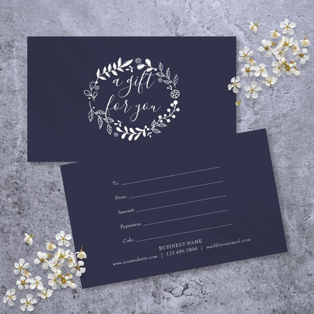 Certificado de Presente Floresta Garlanda Azul Mar (Woodland Garland Navy Blue Gift Certificate)