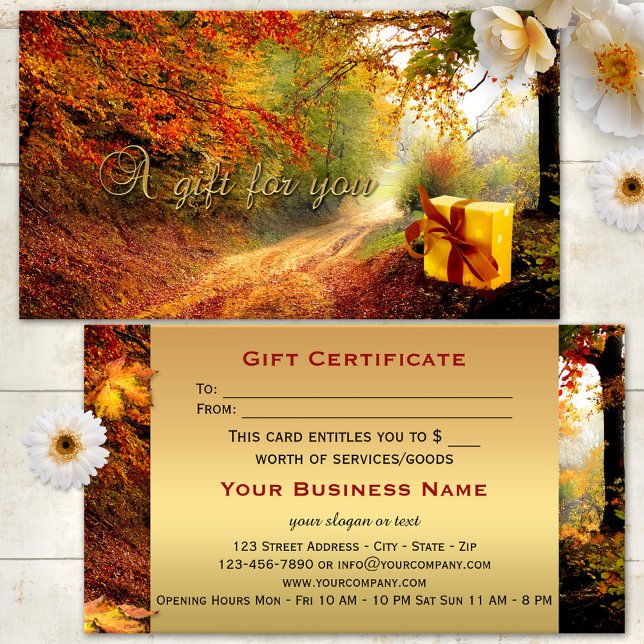 Certificado de Presente Floresta Outono Dourado (A beautiful fall gift certificate featuring an image of a package in the forest - with gold)