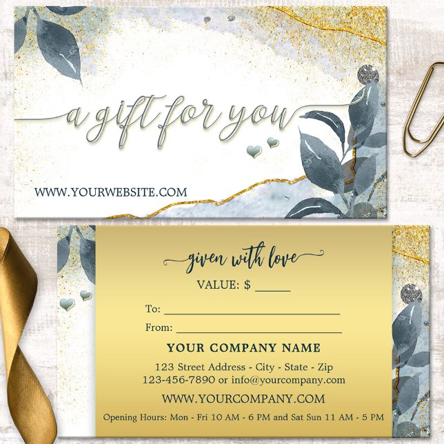 Certificado de Presente Folhas Artísticas Douradas (Business card size gift certificate featuring an artistic design with leaves on gold sparkles)