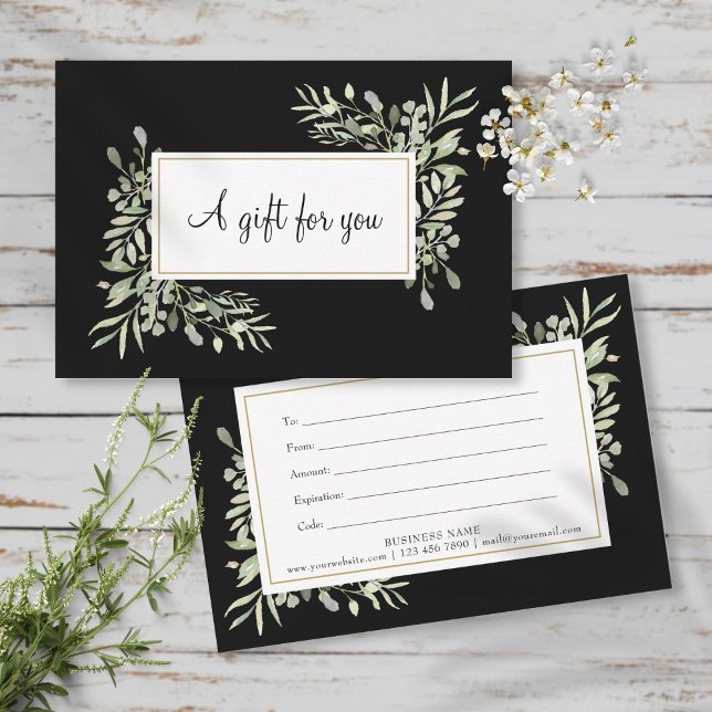 Certificado de Presente Folhas Verde Preto Branco (Greenery Leaves Black White Gift Certificate)