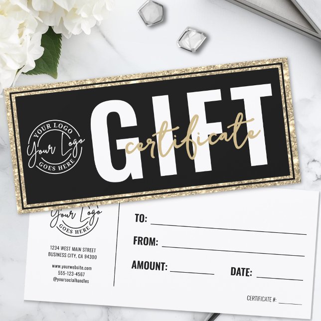 Certificado de Presente Logo Preto Dourado Brilho (Logo Black Gold Glitter Business Gift Certificate)