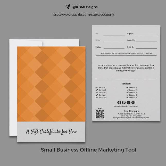 Certificado de Presente Moderno para Qualquer Ocas (Modern For Any Occasion Gift Certificate, Gray, Black, Orange Diamond Pattern)
