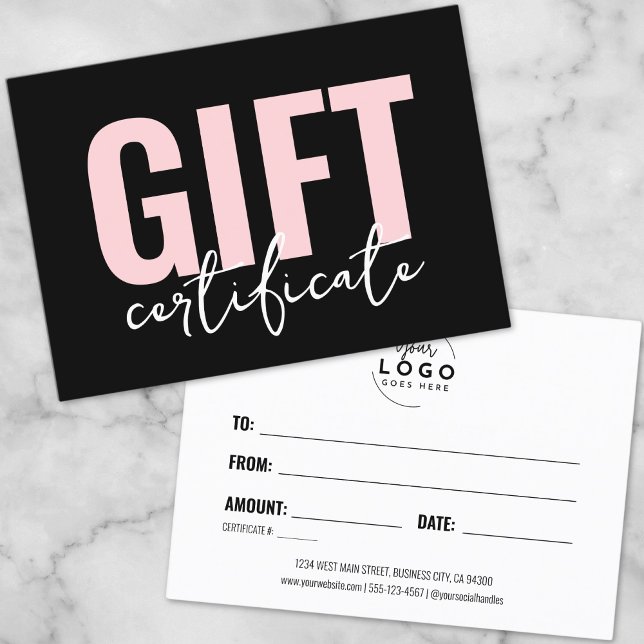 Certificado de presente para empresas preto-e-rosa (Logo Modern Pink Black Business Gift Certificate)