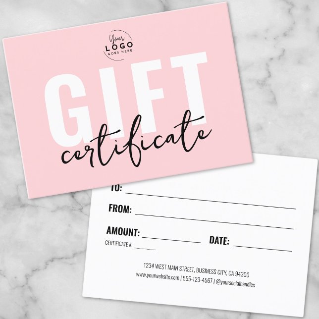 Certificado de presente para empresas rosa pink co (Logo Blush Pink Business Gift Certificate)