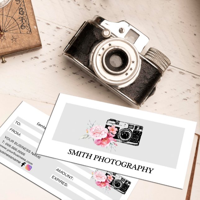 Certificado de Presente para Fotógrafo de Câmera F (Modern Floral Camera Photographer Gift Certificate #photographer #pinkblush #cameradrawing)