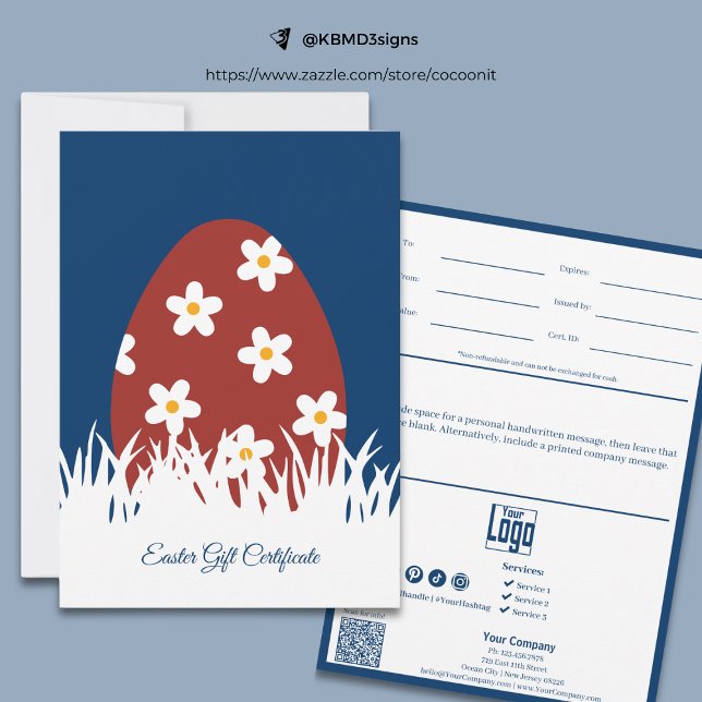 Certificado de presente para Páscoa de Pequenas Em (Trendy Small Business Easter Gift Certificate, Easter Egg with blossoms on Lawn)