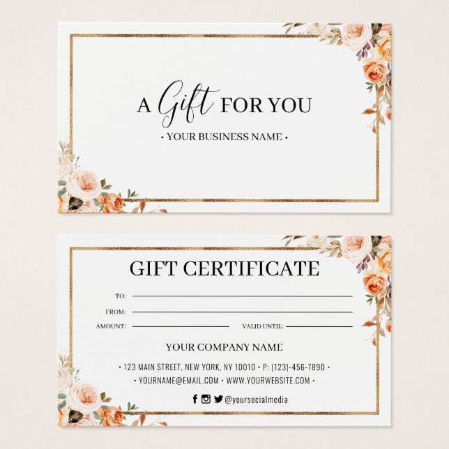 Certificado de Presente Personalizado Floral do ou (Frente & Verso)