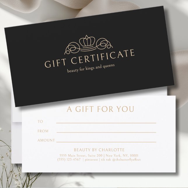 Certificado de Presente Preto Bege Elegant Crown S (Elegant Crown Salon Black Beige Gift Certificate)