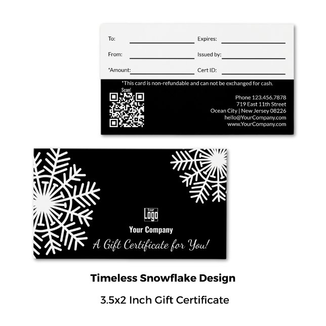 Certificado de Presente Preto e Branco com Floco d (3.5x2 Inch, Winter Snowflake Black & White Gift Certificate)