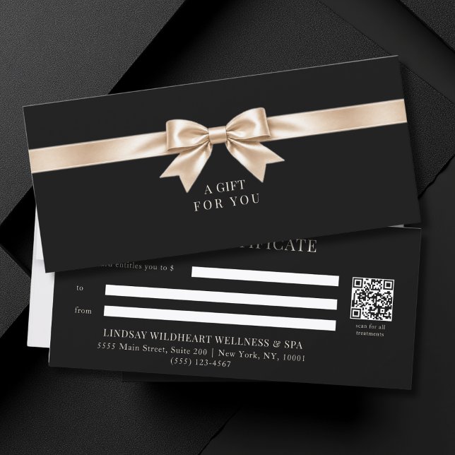 Certificado de Presente QR Code Elegante Preto (Elegant Black Champagner Bow QR Code Gift Certificate)