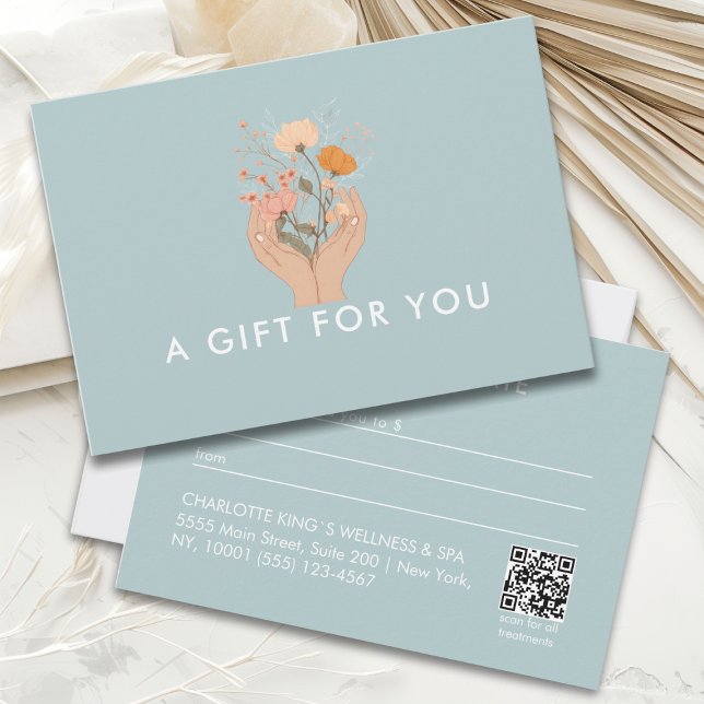 Certificado de Presente QR-Code Salão Floral Celes (Celestial Floral Beige Brown Blue White Boho Salon Qr Code Business Gift Certificate)