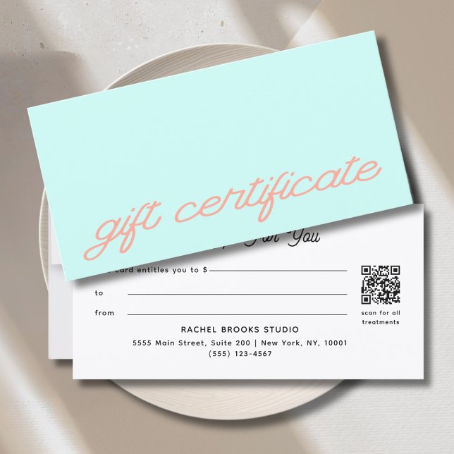 Certificado de Presente QR Code Verde Claro com Fo (Modern Script Mint QR Code Gift Certificate)