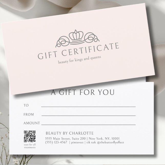 Certificado de Presente Rosa Bege Salão Coroa Eleg (Elegant Crown Salon Blush Pink Gift Certificate)
