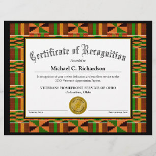 Certificado de reconhecimento afromeno Kente Cloth
