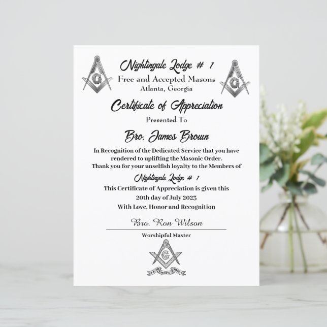 Certificado de Reconhecimento Maçônico (Em pé/Frente)