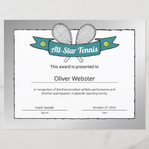 Certificado de Tênis para Jogador de Tênis All-Sta