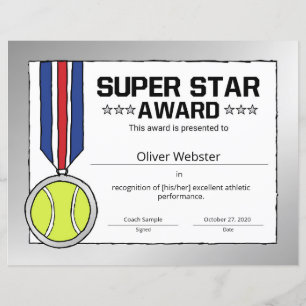 Certificado de Tênis para Prêmio Super Star Tênis