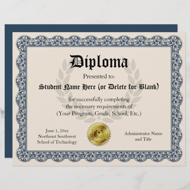 Certificado Diploma de Graduação Azul 8,5x11 (Frente/Verso)