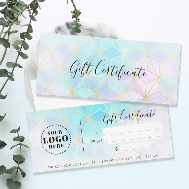 Certificado Geométrico de Presente Trendy Iridesce (Trendy Iridescent Geometric Pattern Gift Certificate with Logo)