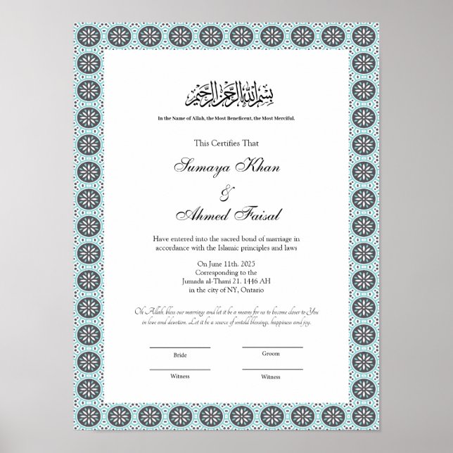certificado nikkah muçulmano azul poster (Frente)