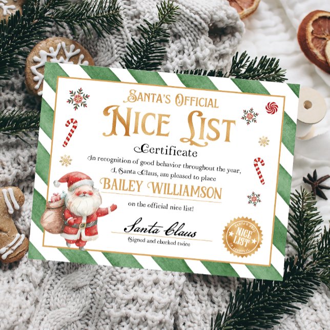 Certificado Personalizado de Natal do Papai Noel (Nice List Official Santa Claus Certificate )