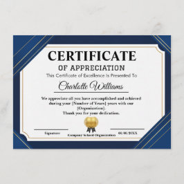 Certificado Profissional de Apreciação Azul Dourad