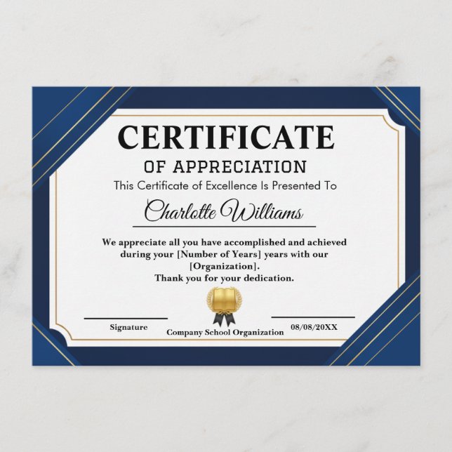 Certificado Profissional de Apreciação Azul Dourad (Frente)