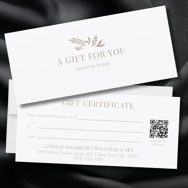Certificados de Presente com Código QR Botânico Br (Minimal White Botanical Salon QR Code Business Gift Certificates)